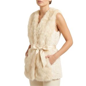 Ya Los Angeles Cream Faux Fur Belted Vest – Size S/M – Chevron Gilet